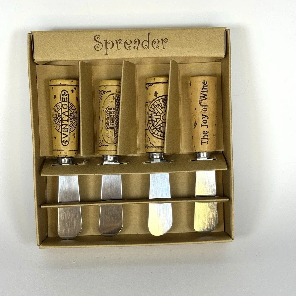 Vtg‎ Cheese/Butter Spreader Resin Wine Cork Set Of 4 Stainless Steel in Box